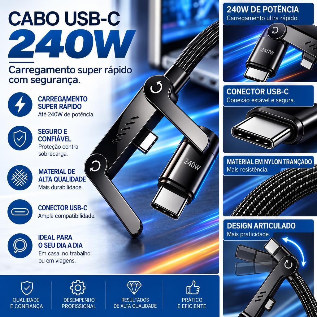 Cabo Type-C para Type-C 240W 6A Carregamento Super Rápido Cabo Nylon Trançado Conector Rotativo Transferência de Dados