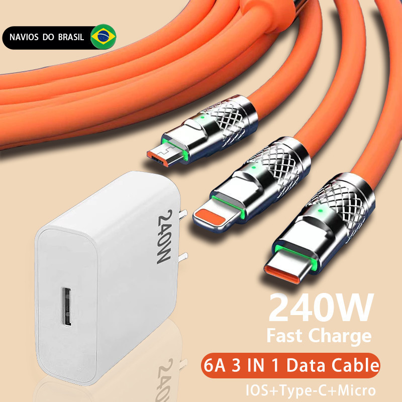 Cabo De Dados De Super Carregamento 3 Em 1 Micro USB Tipo-C iOS 240W Cabos Adaptadores Para Carregadores Rápi D0
