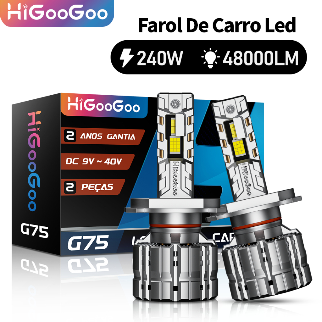 HiGooGoo Lâmpada LED Farol G75 240W 48000LM Super Brilhante 9‑40V IP68 Para Carro SUV Caminhão H1 H3 H4 H7 H27