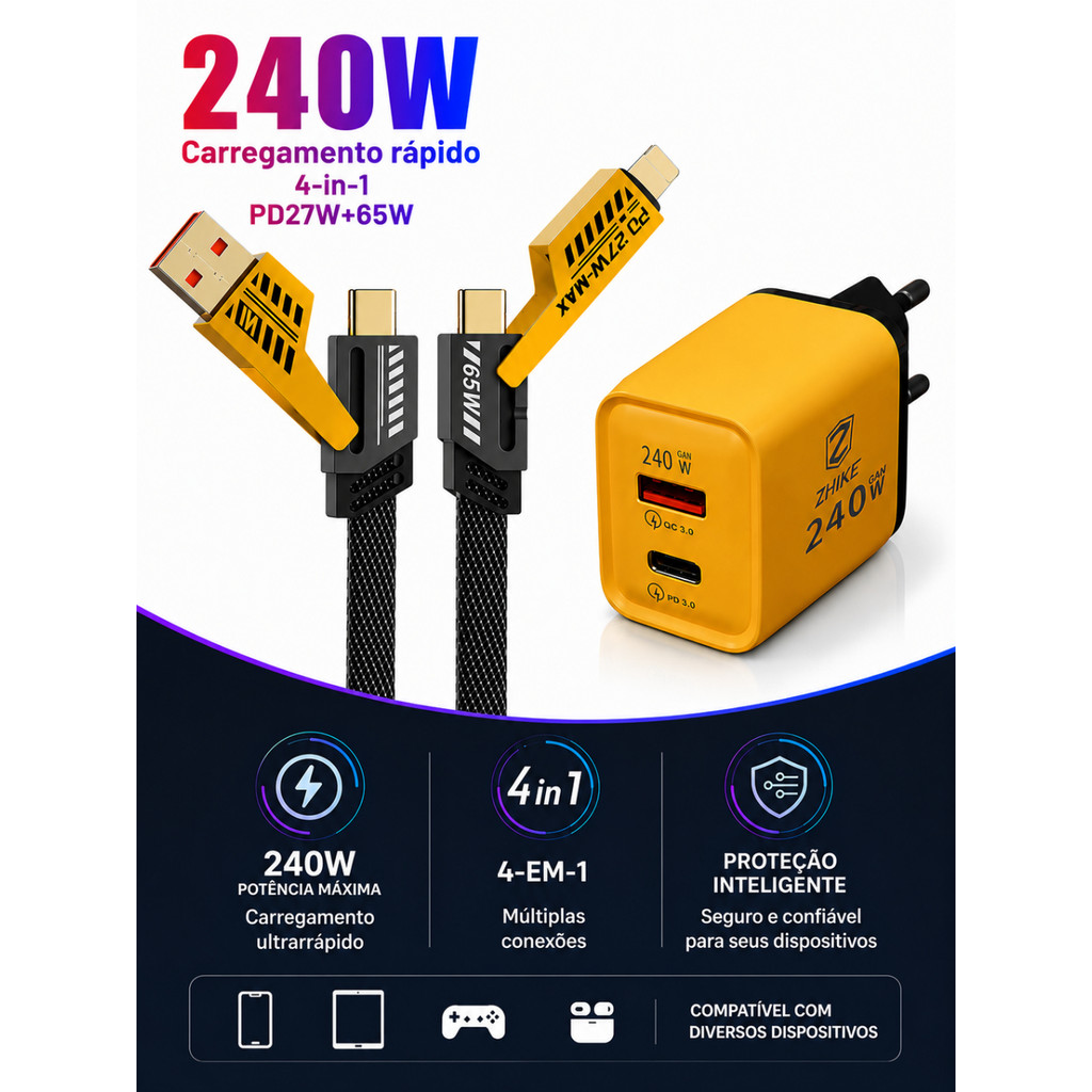 Carregador 4 Em 1 ZHIKE Cabo Super Rápido USB Tipo C Micro USB V8 Para iP 240W 1M Trançado GaN Adaptador Recarga Celular
