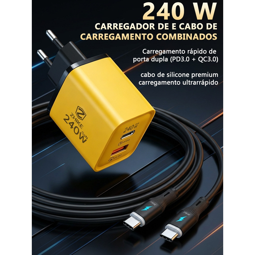 Carregador 3 Em 1 ZHIKE Cabo Super Rápido Tipo C Para Tipo C iP 240W 1 M Silicone Trançado GaN Adaptador Recarga Celular