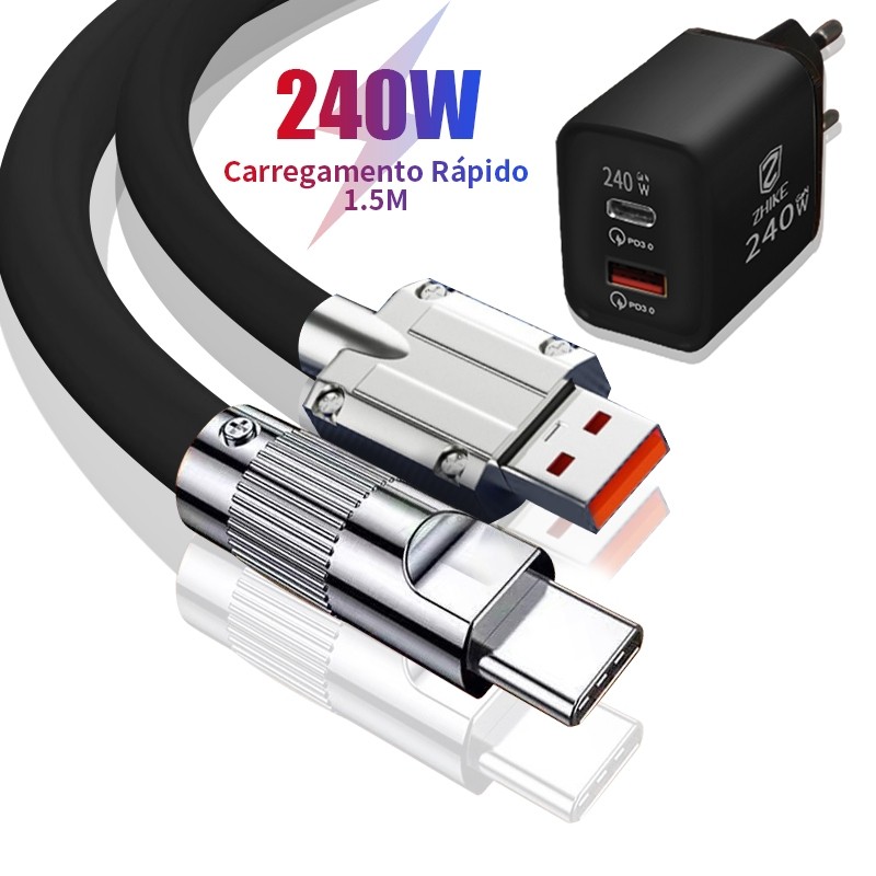 Carregador ZHIKE Cabo Super Rápido 1 M USB Tipo C Micro USB V8 Para iPhone Silicone 240W GaN Adaptador Recarga Celular