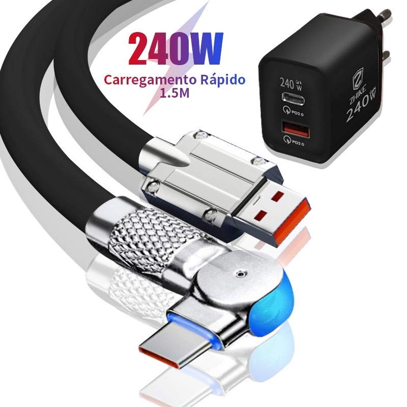 Carregador ZHIKE Cabo Carregamento Super Rápido 1,5m USB Tipo C Micro USB V8 Silicone 240W GaN Adaptador Recarga Celular