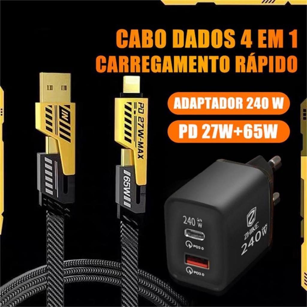Carregador 4 Em 1 ZHIKE Cabo Super Rápido USB Tipo C V8 Micro USB Para iP 240W 1M Trançado GaN Adaptador Recarga Celular