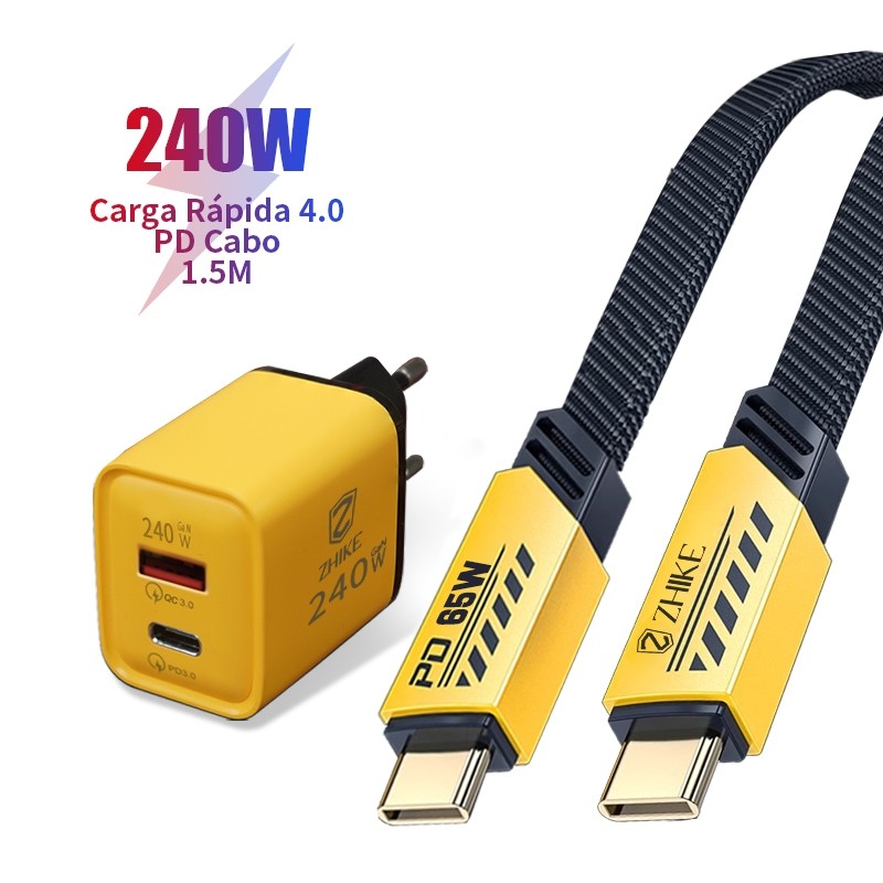 Carregador ZHIKE Cabo Carregamento Super Rápido USB Tipo C 240W 1,5 M Cabo Trançado Nylon GaN Adaptador Recarga Celular
