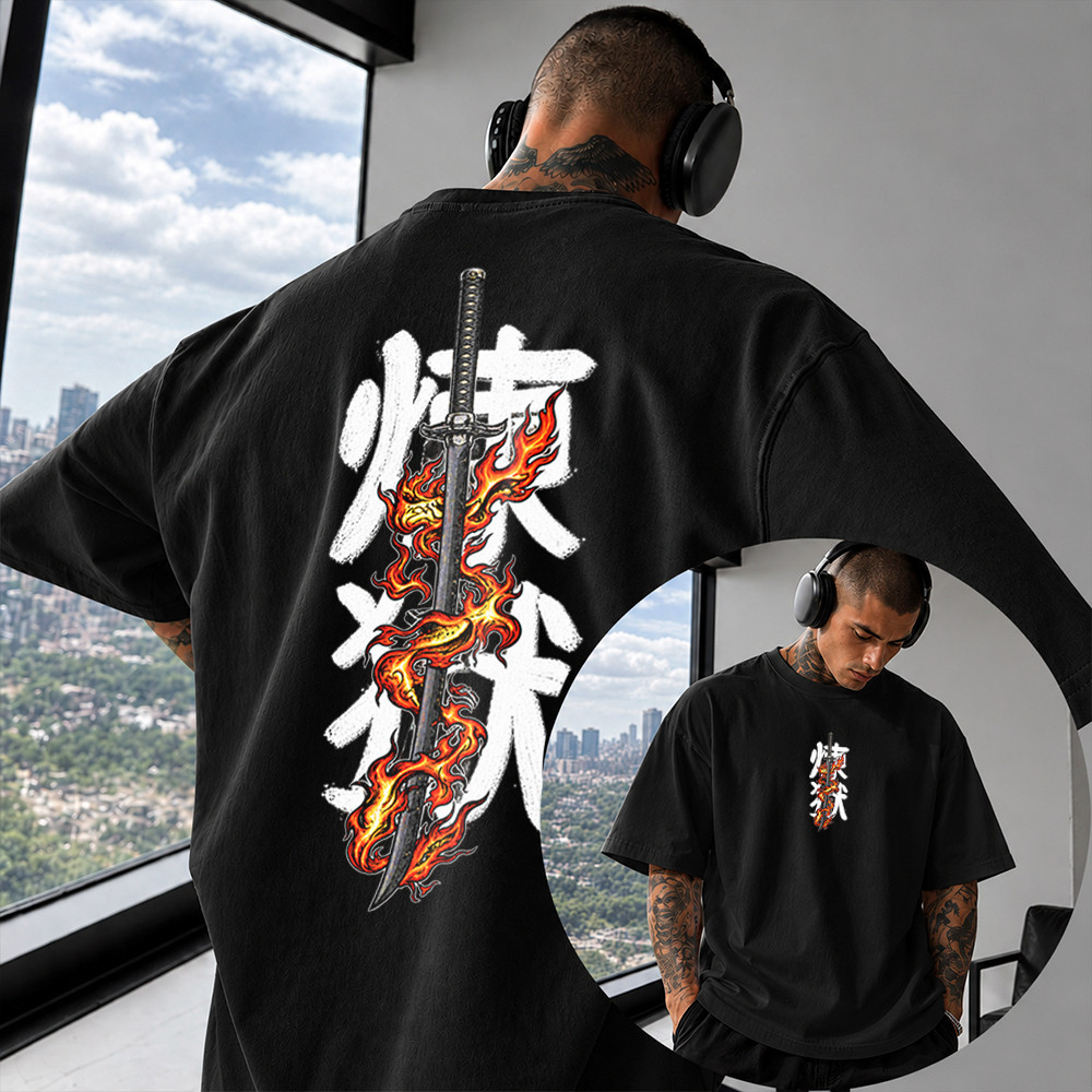 Camiseta Basica e Oversized 100% Algodao Streetwear Para Treino Kyojuro Rengoku Flame Breathing Demon Katana