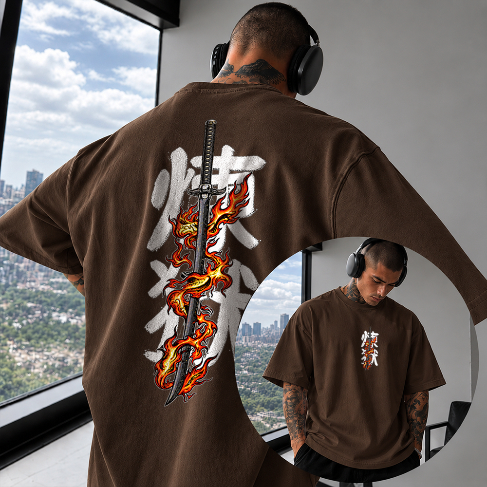 Camiseta Oversized 100% Algodao Streetwear Para Treino Kyojuro Rengoku Flame Breathing Demon Katana