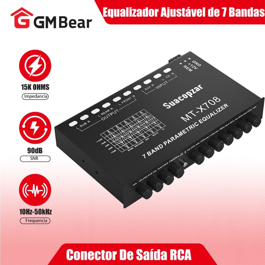 GM Bear Equalizador Paramétrico Gráfico 7 Bandas Ajustável CD/AUX Selecionar Interruptor Saída RCA para Carro Barco RV