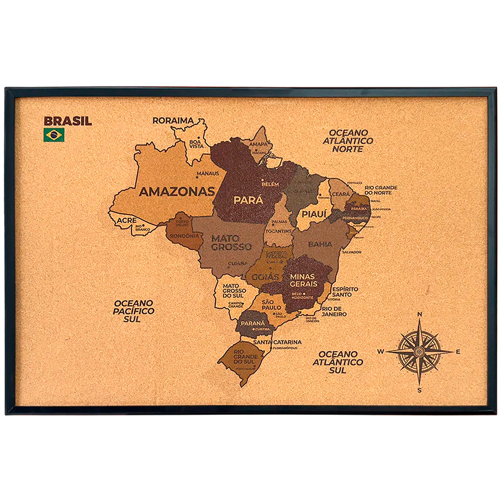 Quadro Mapa do Brasil Cortiça 90x60cm Mural Avisos Decorativo Marcar Viagens