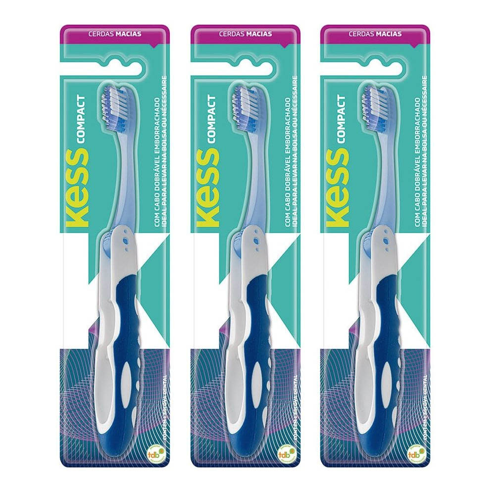 Kit 3 Escova de Dentes de Viagem Cabo Dobrável Cerdas Macias Azul Compact Plus Kess