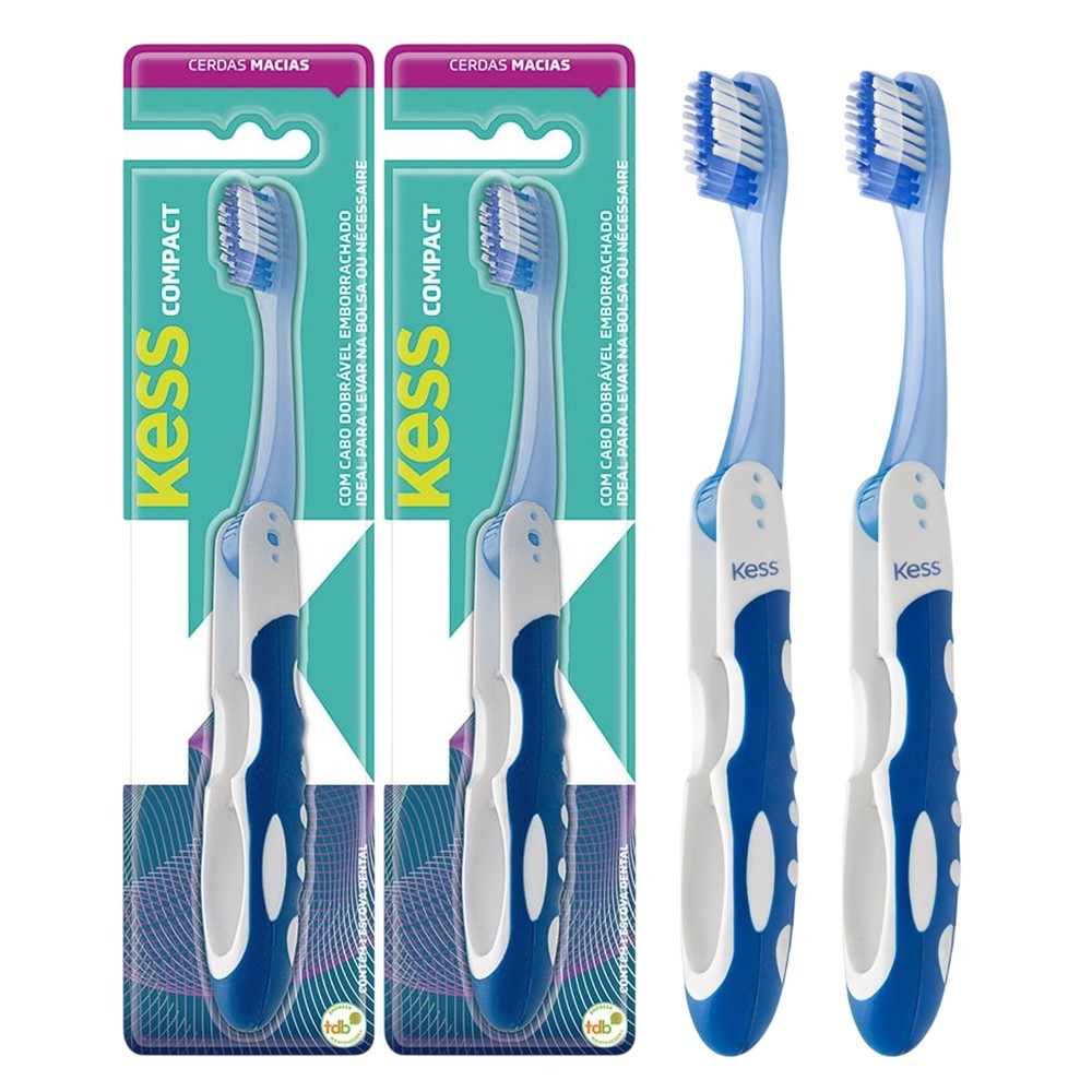 Kit 2 Escova de Dentes de Viagem Cabo Dobrável Cerdas Macias Azul Compact Plus Kess