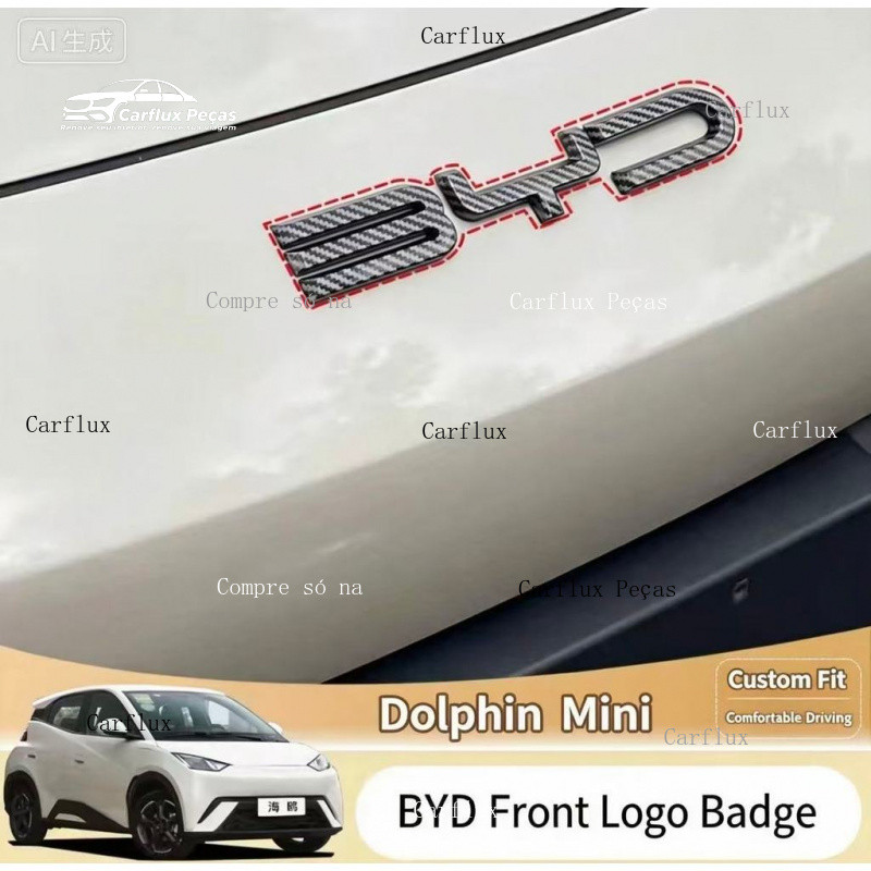 Emblema de Letras para Capô Dianteiro do BYD Dolphin Mini, Decoração de Acabamento da Grade Dianteira em Fibra de Carbon