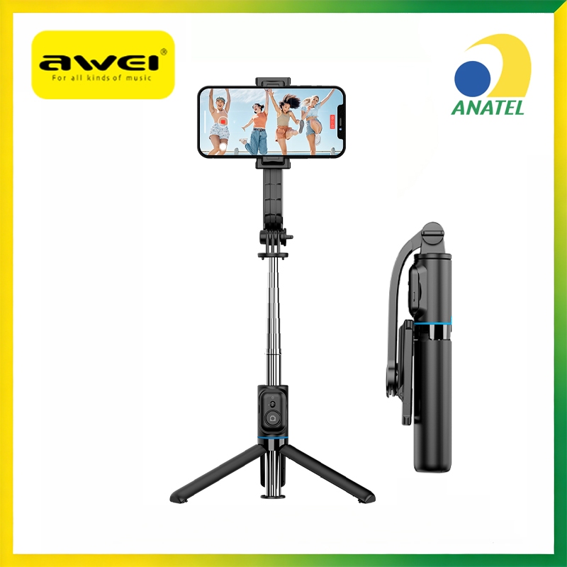 Tripé e Bastão de Selfie Awei X49 Bluetooth com Controle Remoto 2 em 1