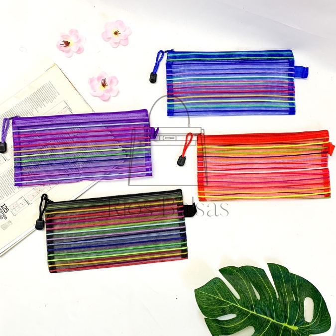 Bolsinha Necessaire Colorida Estojo Multiuso Listras Nylon Tela Transparente