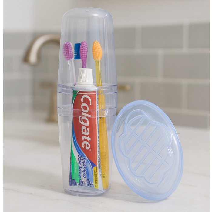 Porta Escova de Dente + Saboneteira com Tela Kit Viagem Banheiro Lavabo