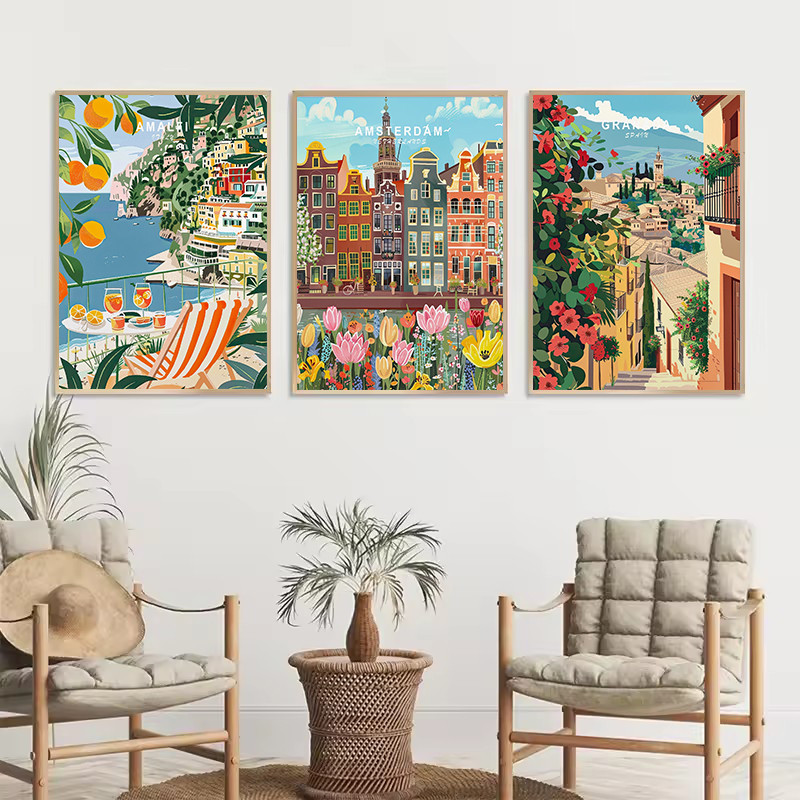 Aquarela Moderna Mundialmente Famosa Viagem Cidade Amsterdam Amalfi Madrid Cartaz Pintura Em Tela Fotos