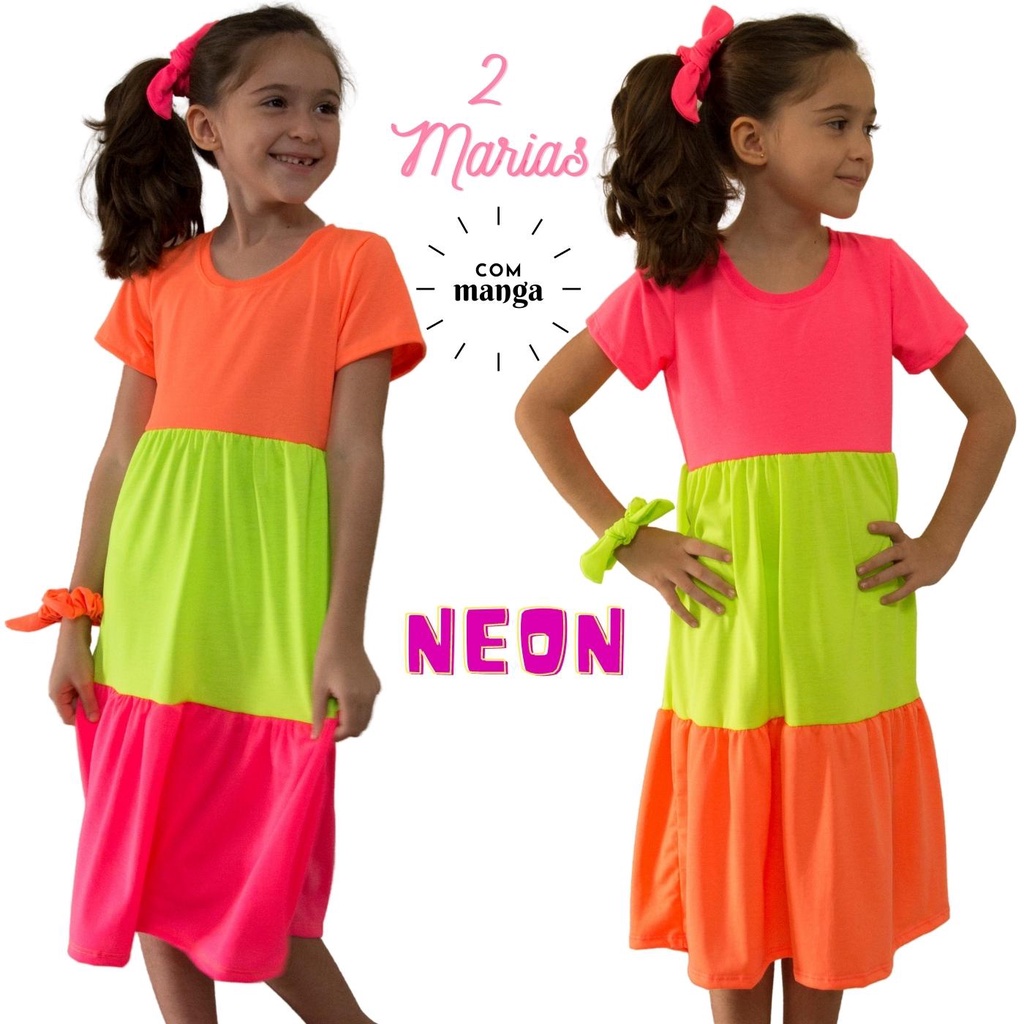 Vestido Infantil Color Neon Fluorescente - Pink, Laranja e Verde tamanho 02 ao 12 anos
