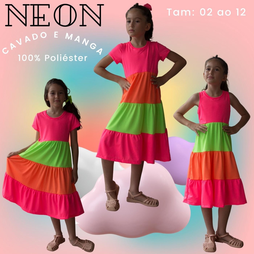 Vestido Infantil Color Block Cavado e manga Neon Fluorescente -Pink, Laranja e Verde tamanho 2 ao 12