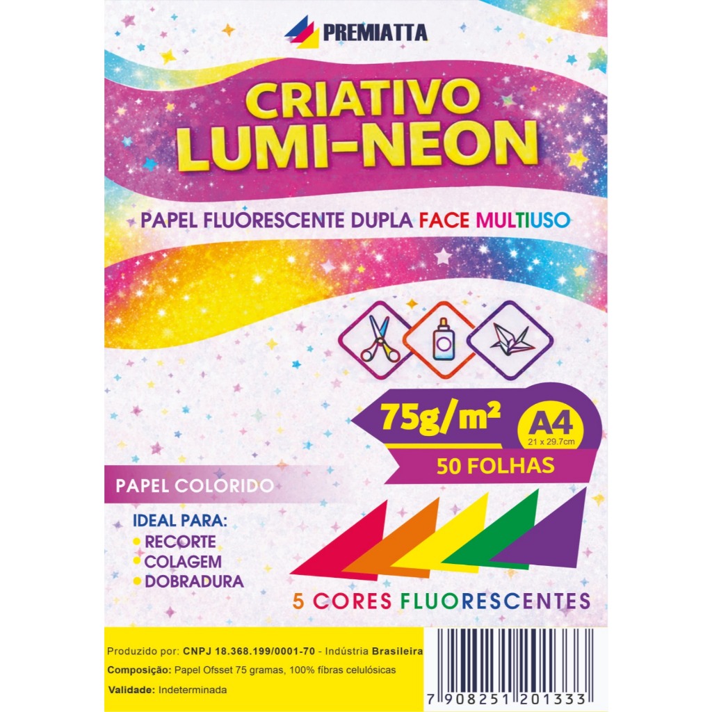 COLOR SET CRIATIVO FLUORESCENTE LUMI-NEON A4 75G (21X29,7) PCT C/50 FOLHAS SENDO 10 CORES DE CADA