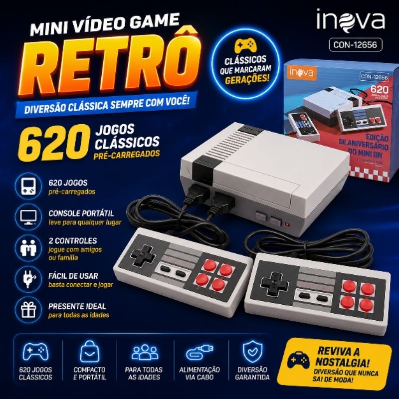Mini Vídeo Game Retrô 620 Jogos Console Portátil INOVA com 2 Controles Clássico Pronto para Jogar