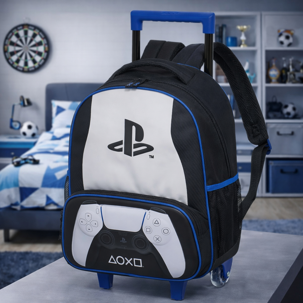Mochila Escolar Rodinha Playstation Pulse Pacific Meninos Infantil Alças Gamer Preto Geométrico