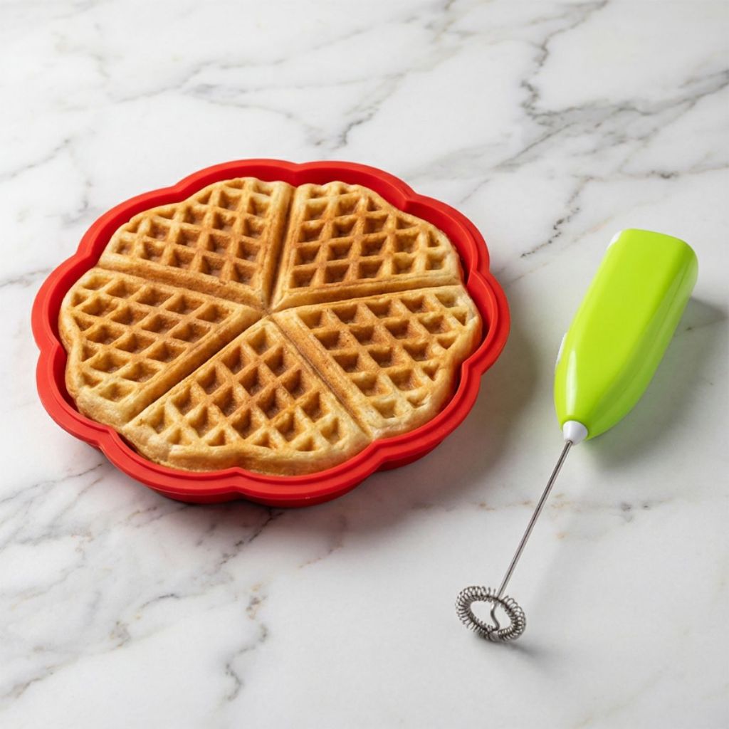 Kit Forma De Waffle Panquecas Crocante Em Silicone + Mini Mixer Misturador Bebidas
