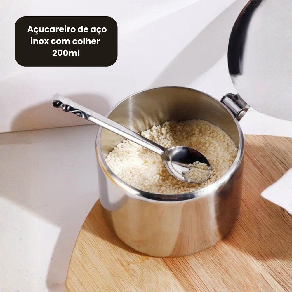 Açucareiro Porta Açúcar Inox Premium Design Elegante Moderno Durável Colher Cozinha 200 e/ou 420ml