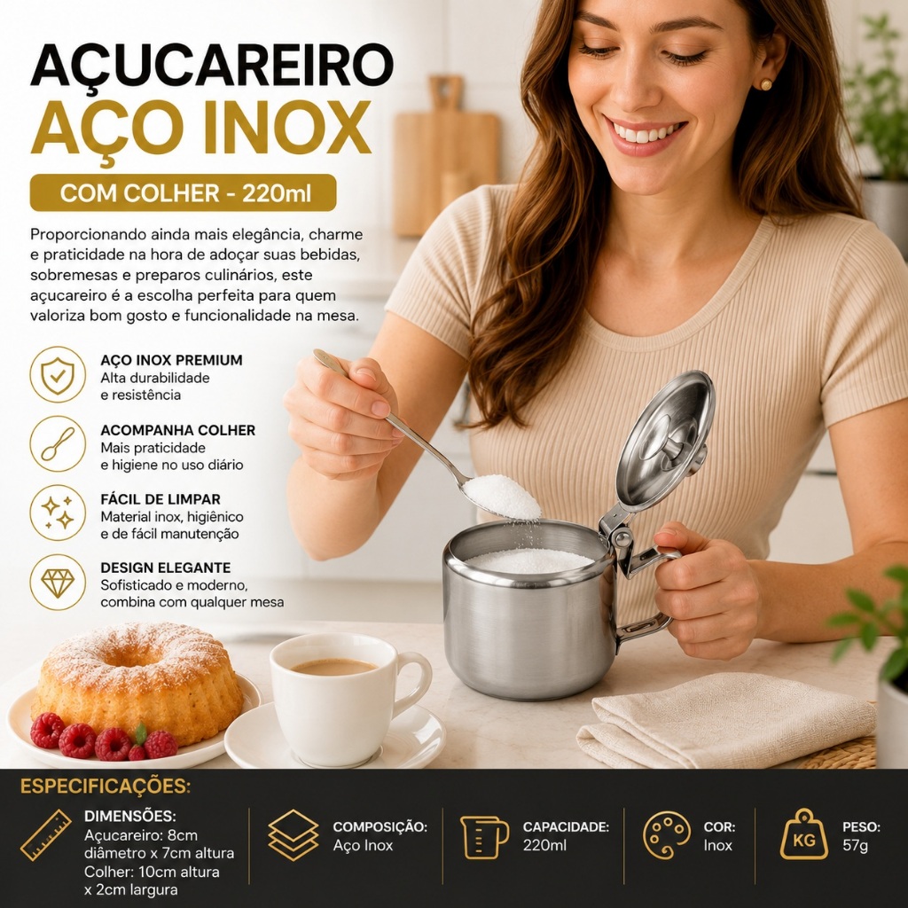 Açucareiro Inox Com Colher Capacidade 220ml Design Resistente Praticidade Cozinha