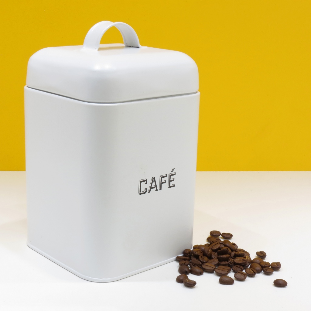 Lata de Café Quadrada com Alça Branca em Metal Design Retrô