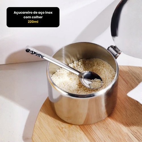 Açucareiro Inoxidável 220ml Com Colher Resistente Durável Design Compacto Fácil Limpeza Cozinha