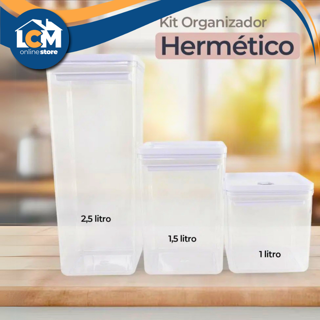 Kit 3 Potes Herméticos 1L, 1.5L e 2.5L Organizadores de Alimentos Vedação Total, Design Moderno!