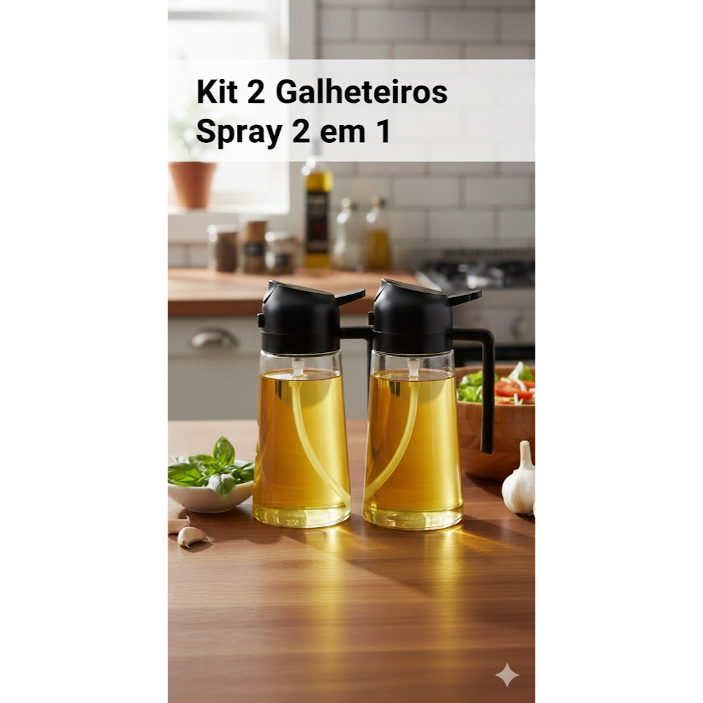 Kit 2 Borrifador Galheteiro Spray 2 em 1 Porta Azeite Vinagre Vidro 450ml Design Moderno Salada