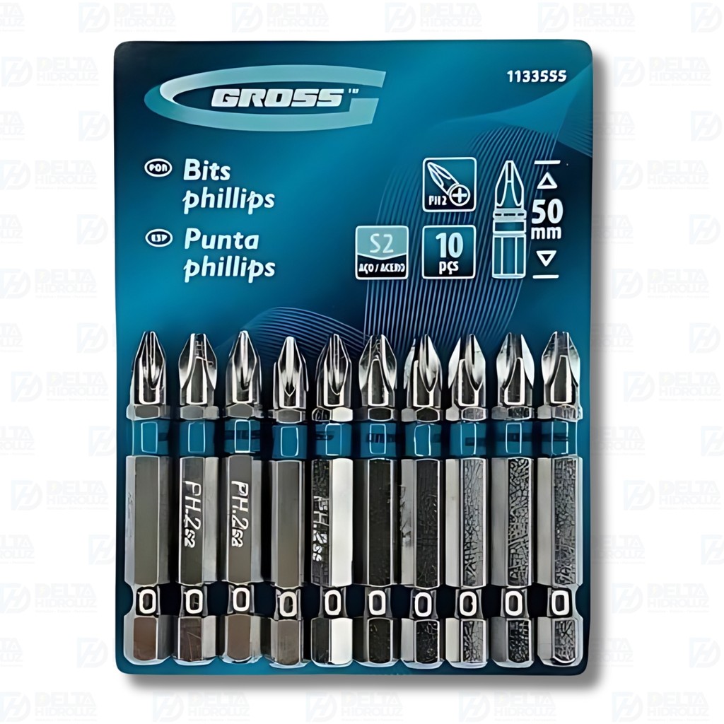 Kit 10Pcs Jogo Bits Ponteira 50mm Parafusadeira Ph2 Com Ímã - Gross 1133555