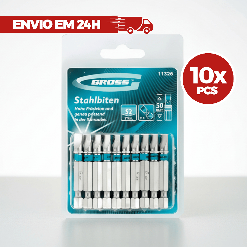 Kit 10Pcs Jogo Bits Ponteira Fenda 50mm Parafusadeira SL6 Com Ímã - Gross 1132656