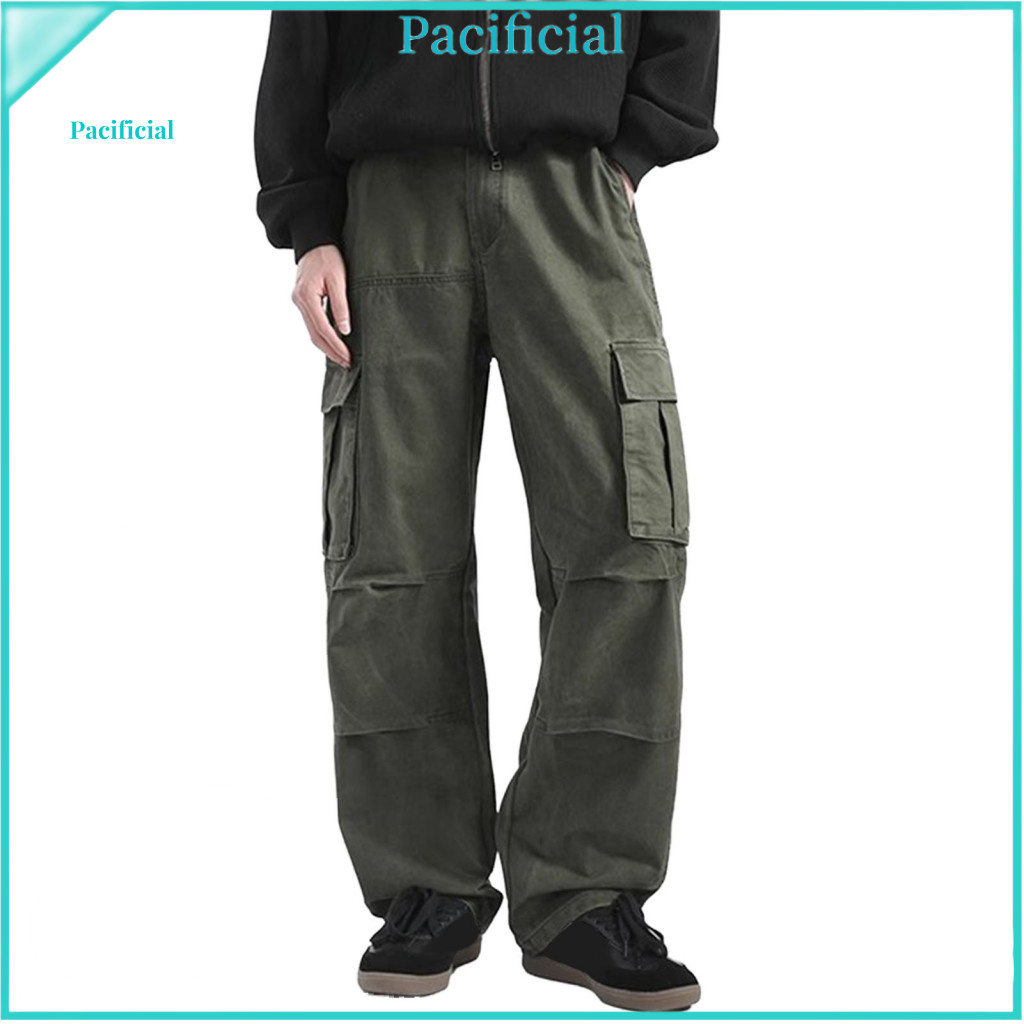 Solid Color Men Trousers Multi-pocket Pants Men's Retro Cargo Loose Fit Baggy Wide Leg Casual Travel Gym School Streetwe