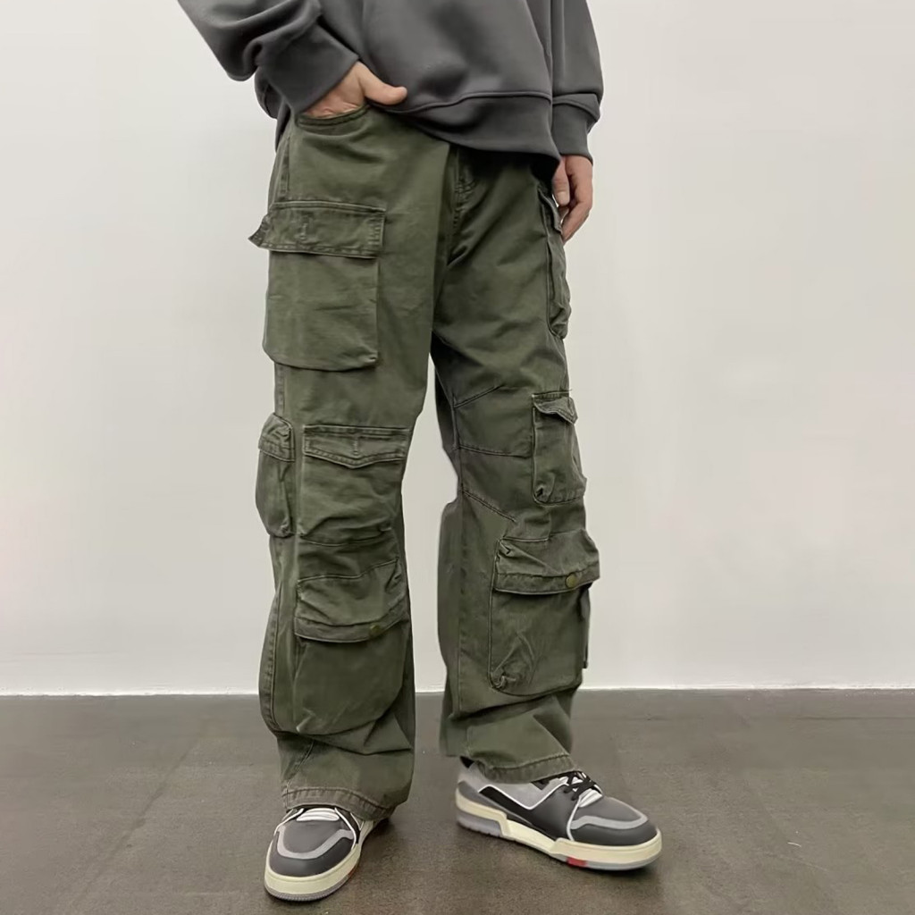 Men Trousers Solid Color Unisex Cargo Pants Loose Fit Adjustable Waist Multi Pockets Wide Leg Streetwear Outdoor Travel