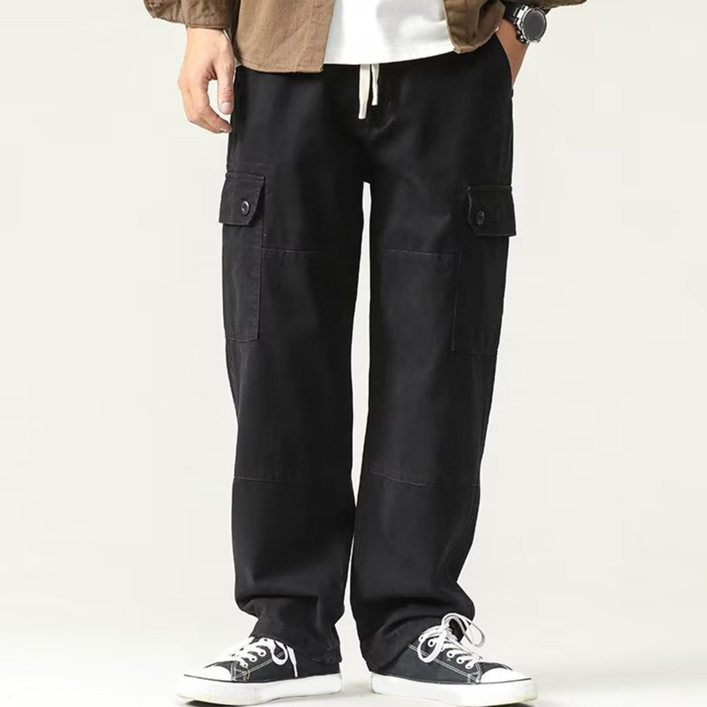Men Trousers Solid Color Pants Men's Cargo Loose Fit Multi Pockets Vintage Style Wide Leg Streetwear Outdoor Travel Casu