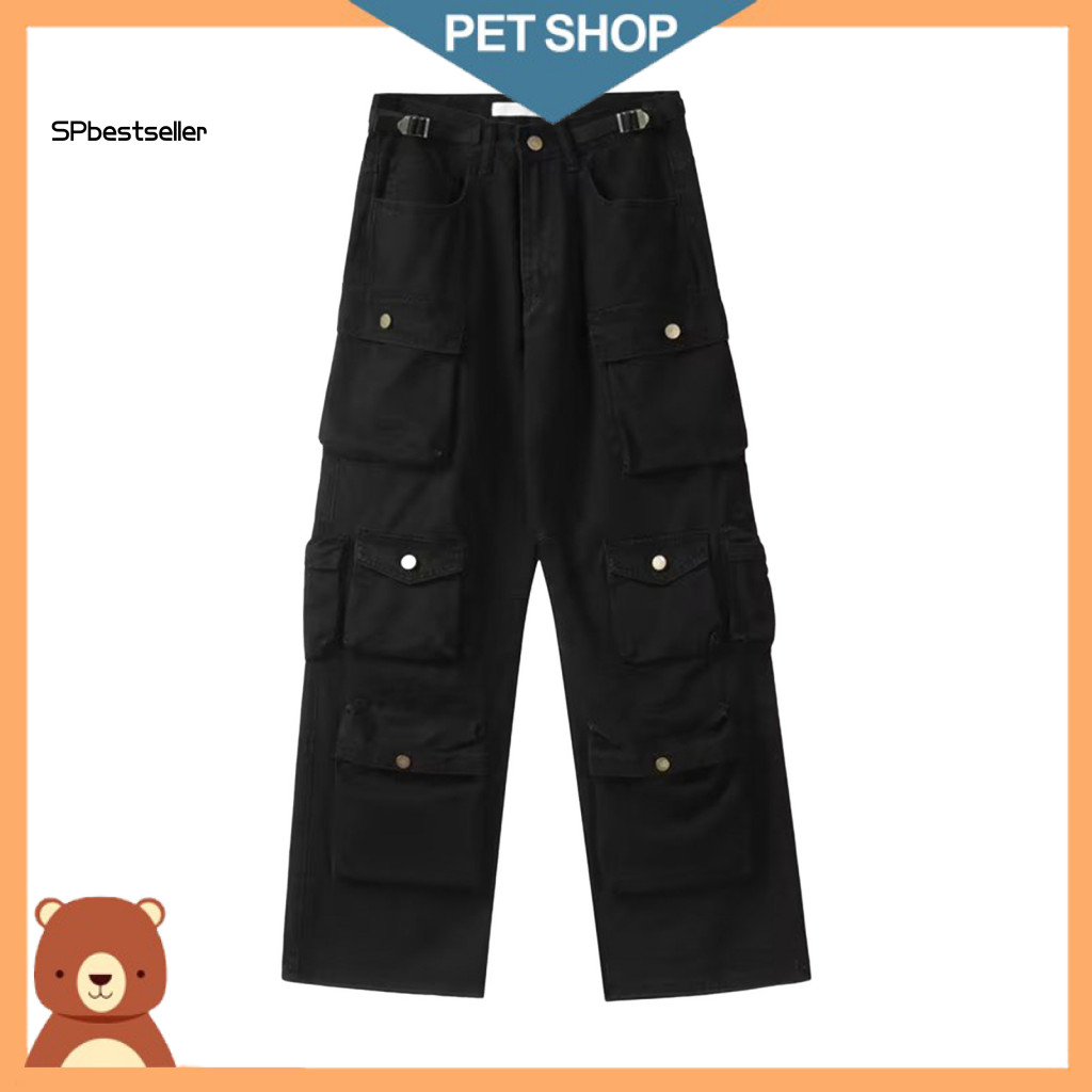 Solid Color Men Pants Trousers Unisex Cargo Loose Fit Adjustable Waist Multi Pockets Wide Leg Streetwear Outdoor Travel