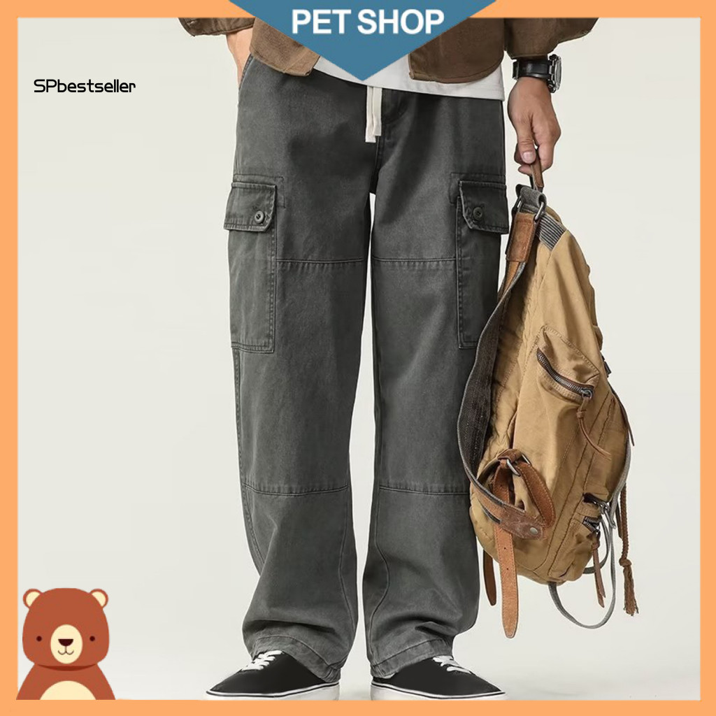 Solid Color Men Pants Trousers Men's Cargo Loose Fit Multi Pockets Vintage Style Wide Leg Streetwear Outdoor Travel Casu