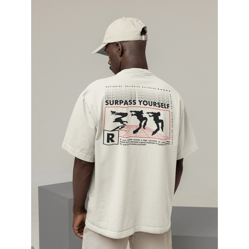 Camisa Camiseta Oversized Streetwear Masculino Urbano Treino Preto e Off Whte Estampado - SURPASS YOURSELF