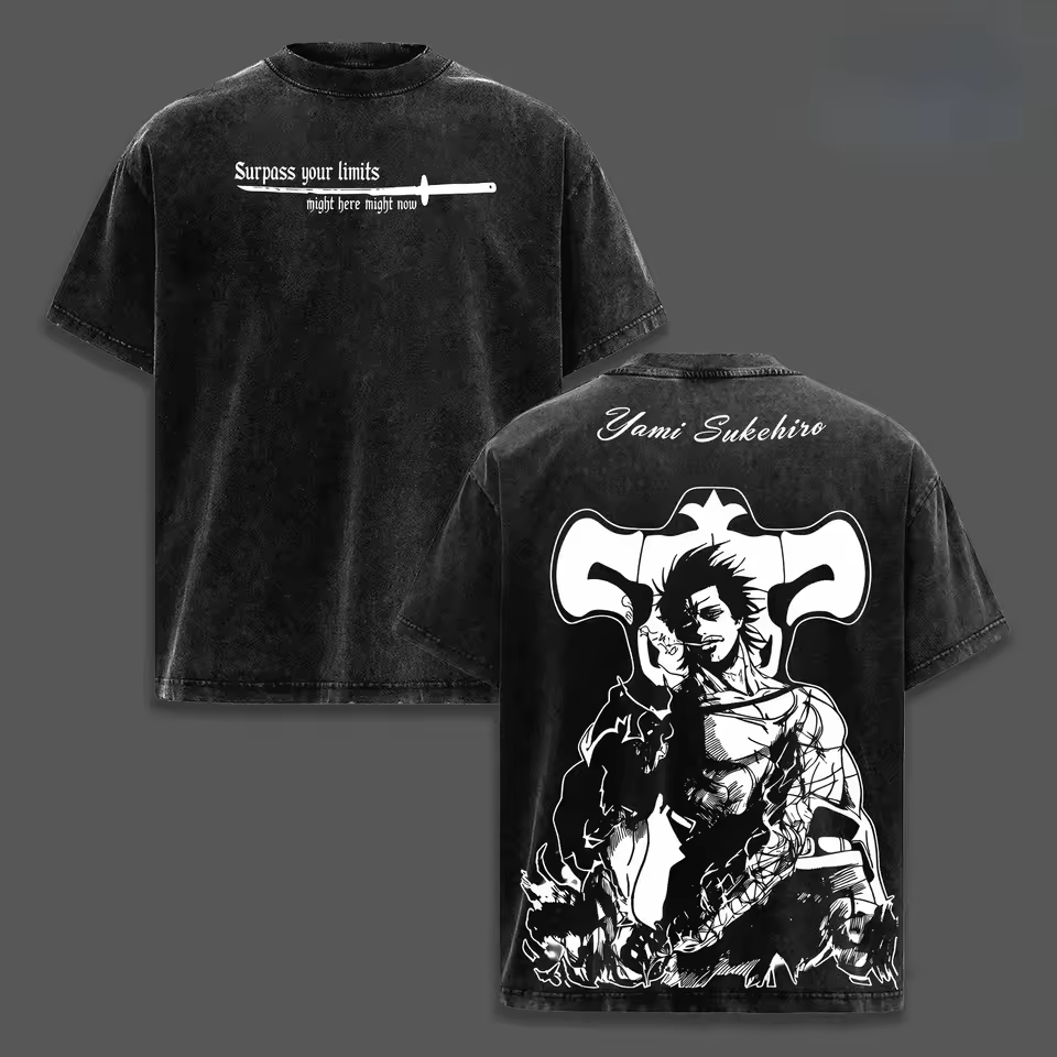 Camiseta T-shirt Estonada Vintage Algodão Anime Black Clover Yami Sukehiro Surpass Your Limits Otaku