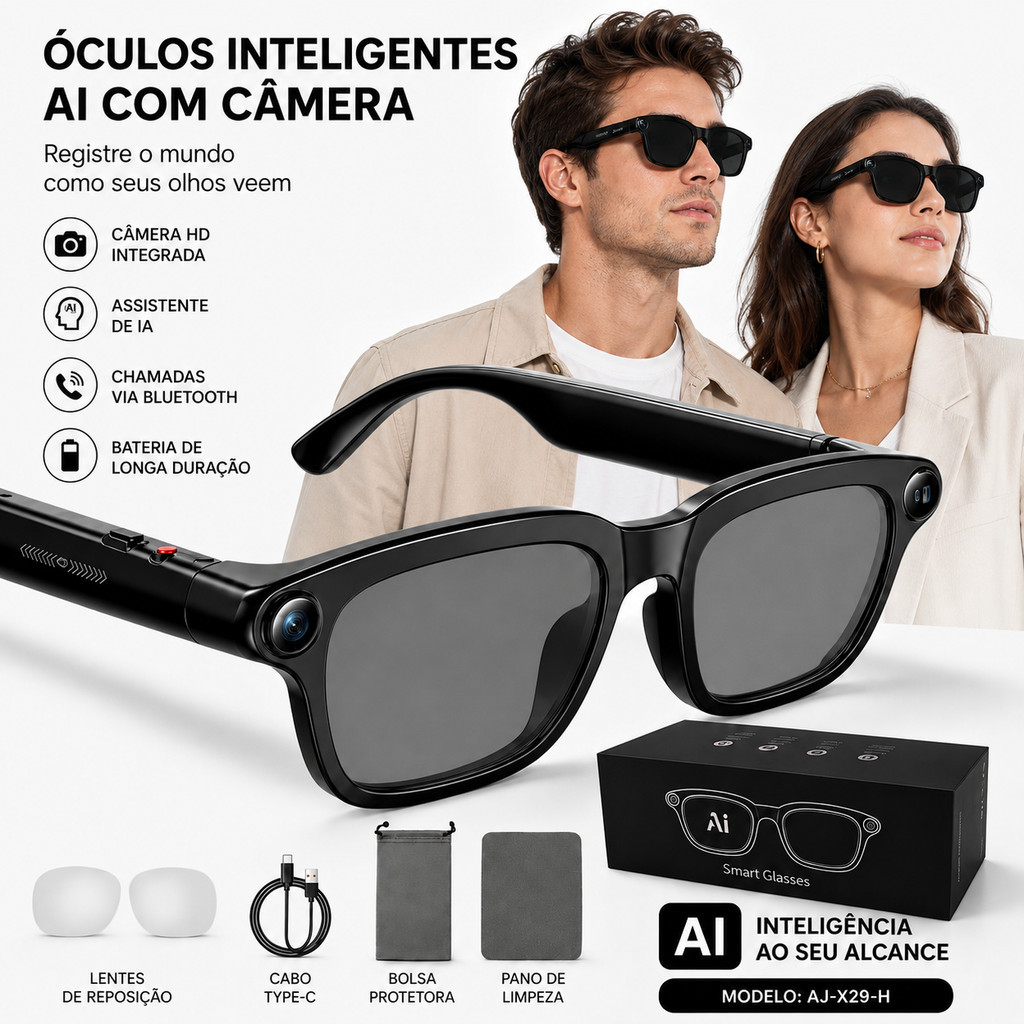 Óculos F8 AI Smart Camera 8MP Gravador de Voz Fotos Áudio Esportivo Bluetooth