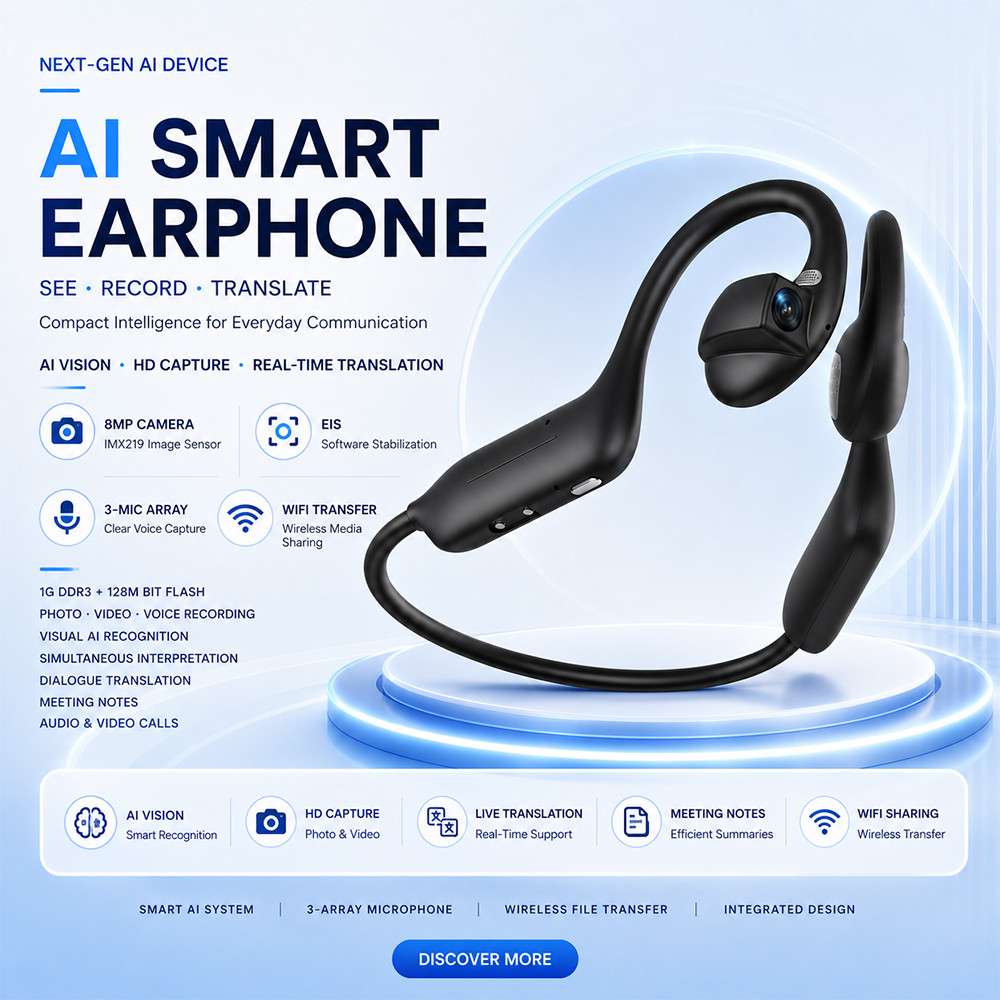 Câmera Inteligente Fone De Ouvido 8MP Foto Vídeo Gravação Voz WiFi Transferência Arquivo Bluetooth Chamada AI Tradutor W