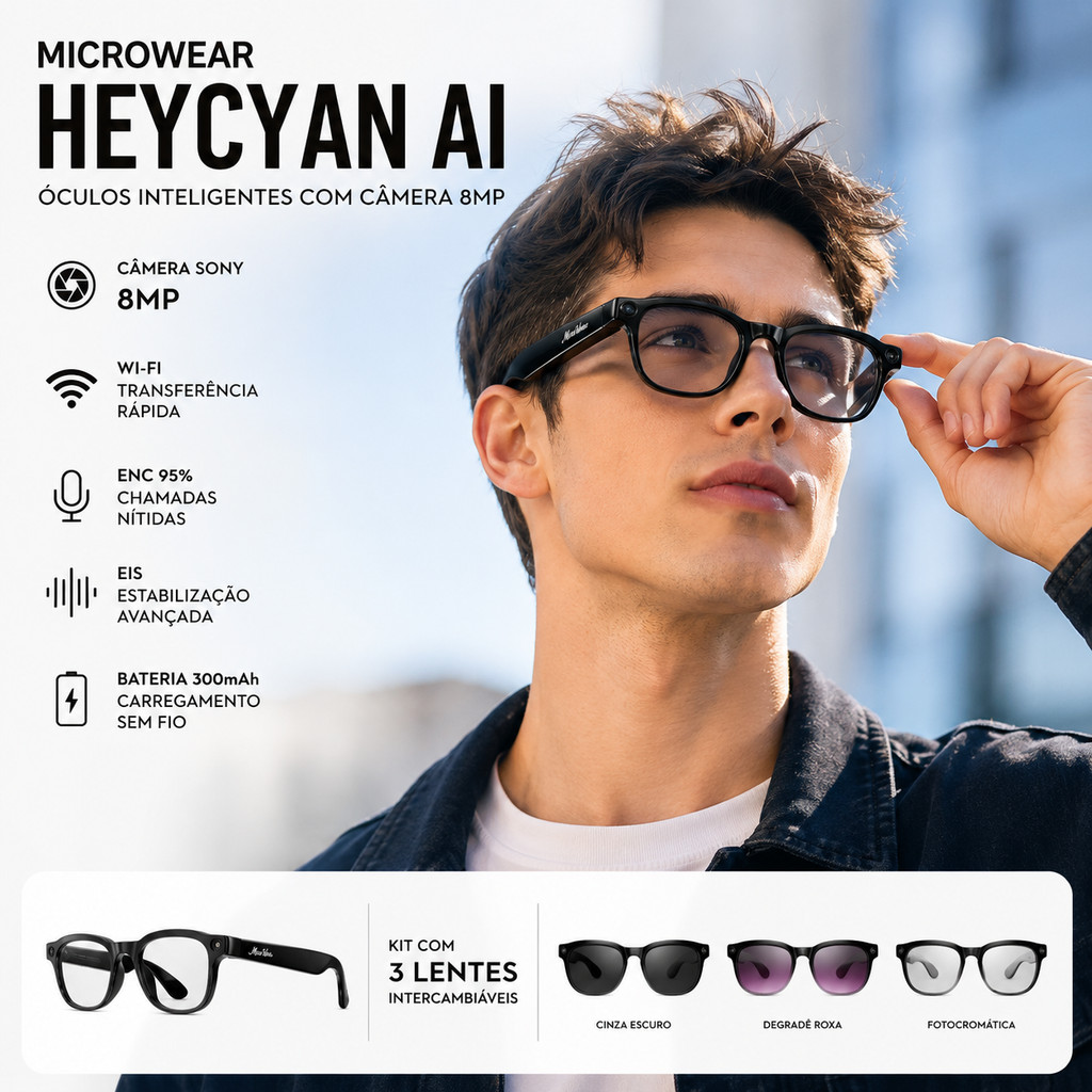 Óculos Inteligente HeyCyan AI 8MP WiFi Bluetooth Câmera EIS 3 Lentes