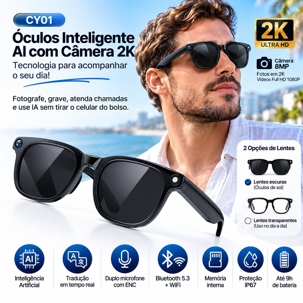 Óculos Inteligente AI CY01 Câmera 8MP 2K Bluetooth 5.3 WiFi
