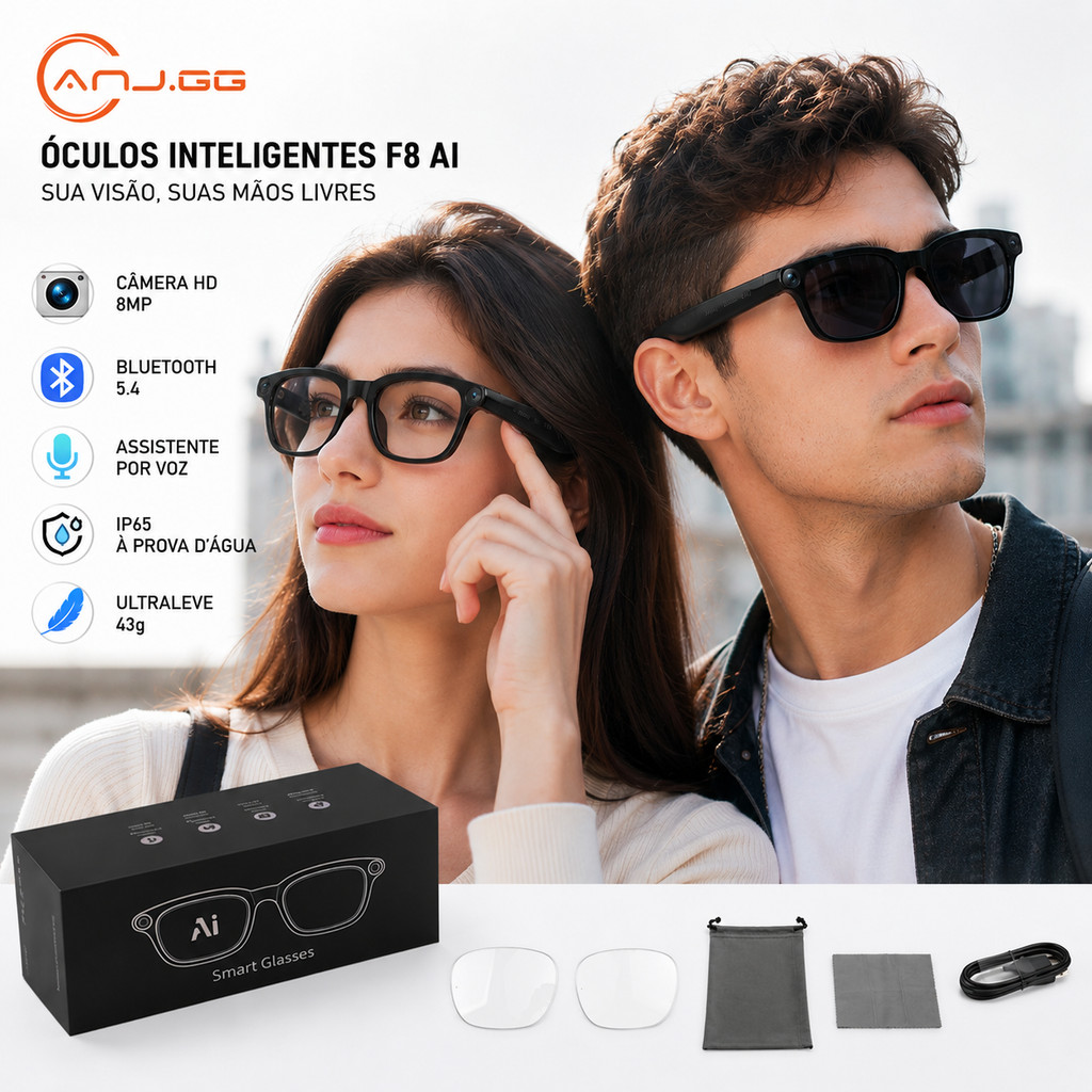 Óculos Inteligentes F8 AI 8MP Bluetooth 5.4 Câmera HD Comando de Voz