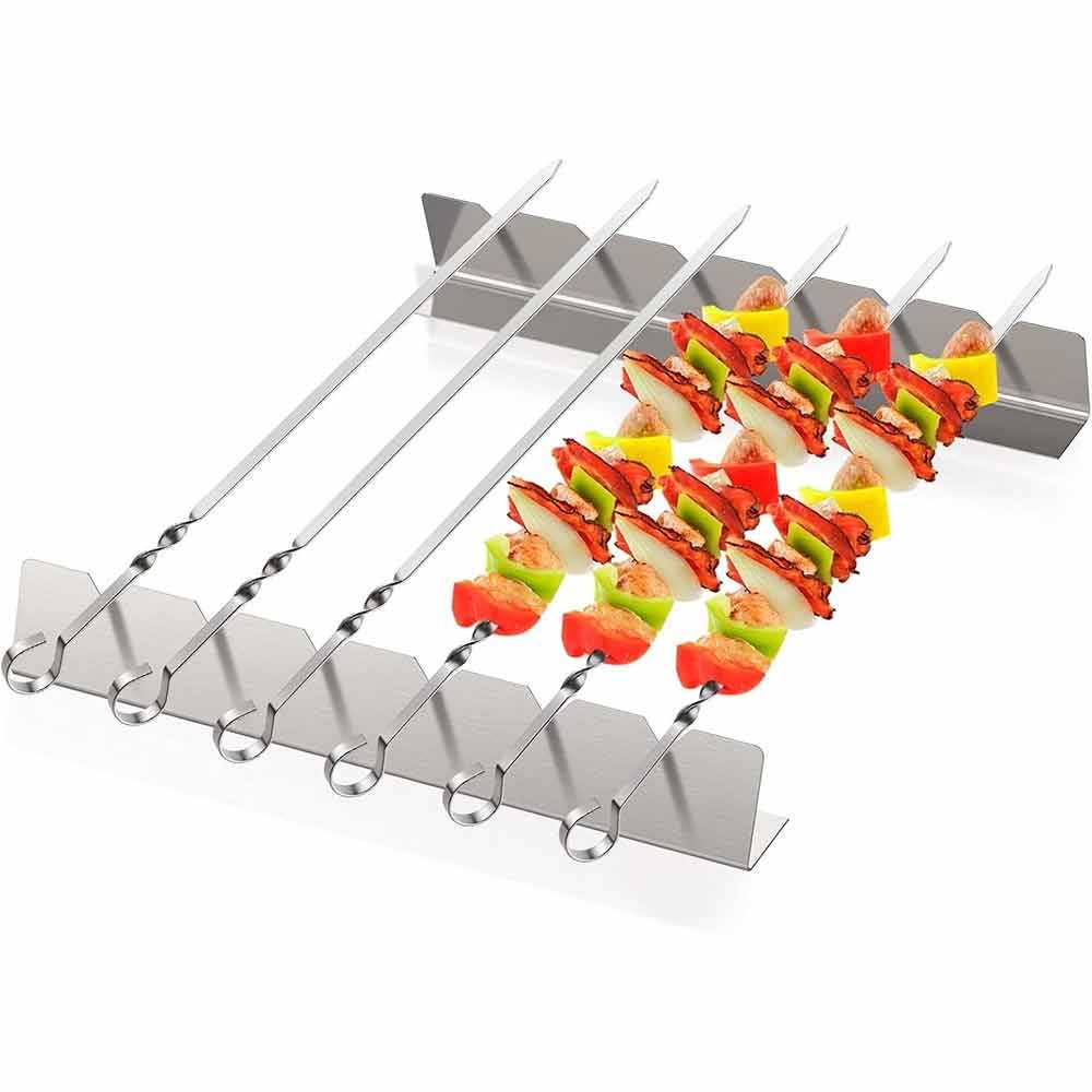 Stainless Steel BBQ Skewer Rack Set, Reusable Flat Metal Barbecue Skewers with Holder Stand