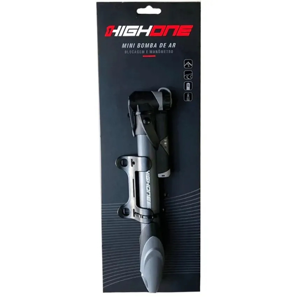 MINI BOMBA DE AR HIGH ONE GP961 COM MANÔMETRO 100 PSI PRETA