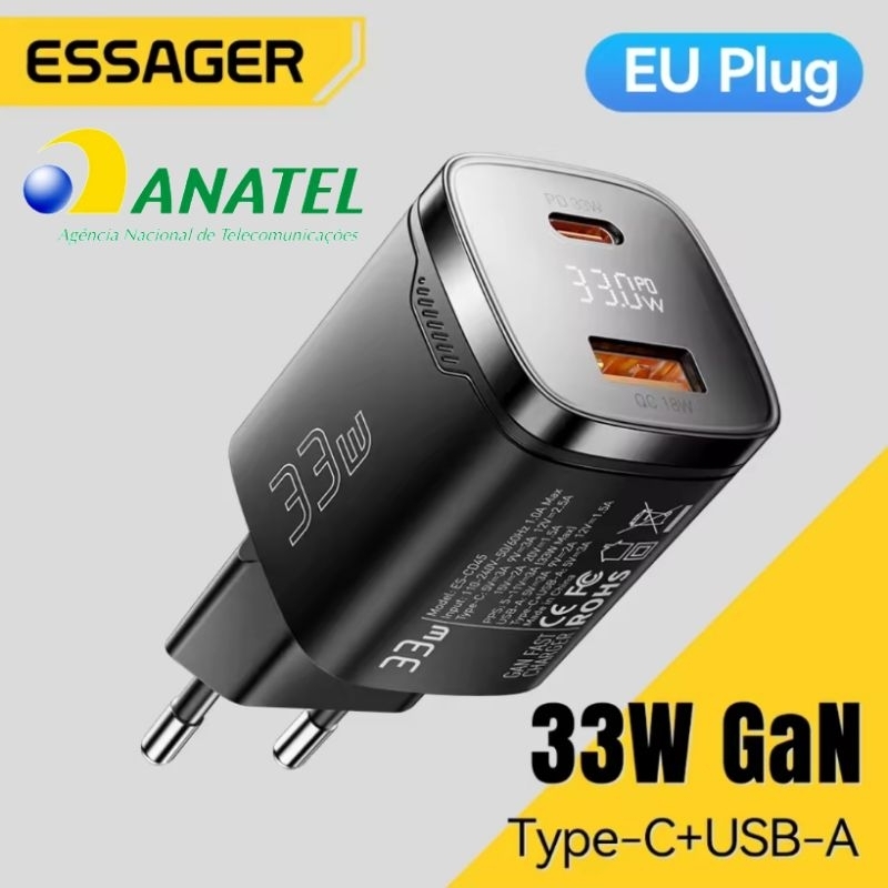 Carregador Turbo Essager 33w 5A Tecnologia GAN Com Display Digital Marcando o Status De Carregamento