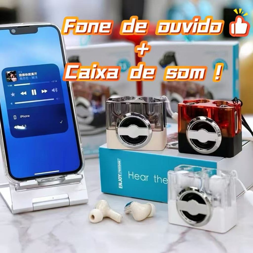 Caixa de Som Sem Fio e Fones de Ouvido 2 em 1 Com Bluetooth Alto Falante e Luz LED em formato de câmera